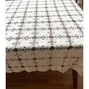 Vintage Handmade/Hand Crocheted Cream Rectangular Tablecloth 84” X 60”